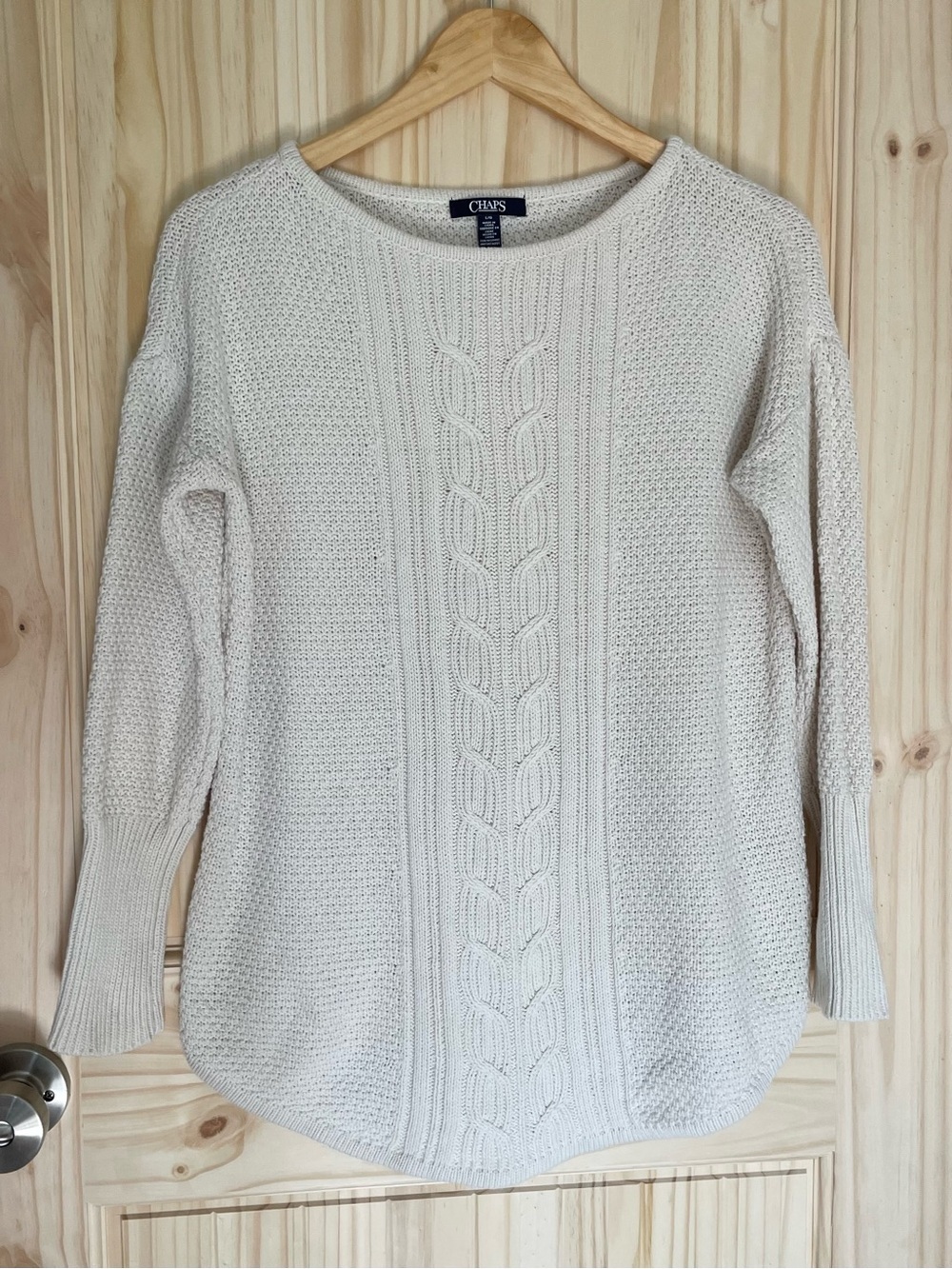 Chaps Cream Cable Knit Scoop Neck Cotton Sweater Sz Large Fisherman